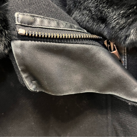 Vince Genuine Rabbit Fur Collar Lamb Leather Asymmetrical Wool Black Coat XS - Picture 5 of 16